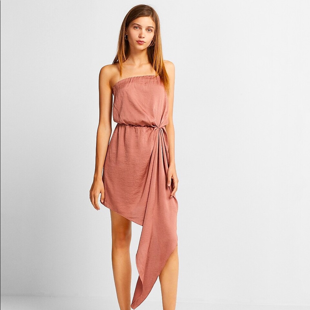 NWT Express Strapless Asymmetrical Hem Rose Pink Midi Dress Size M